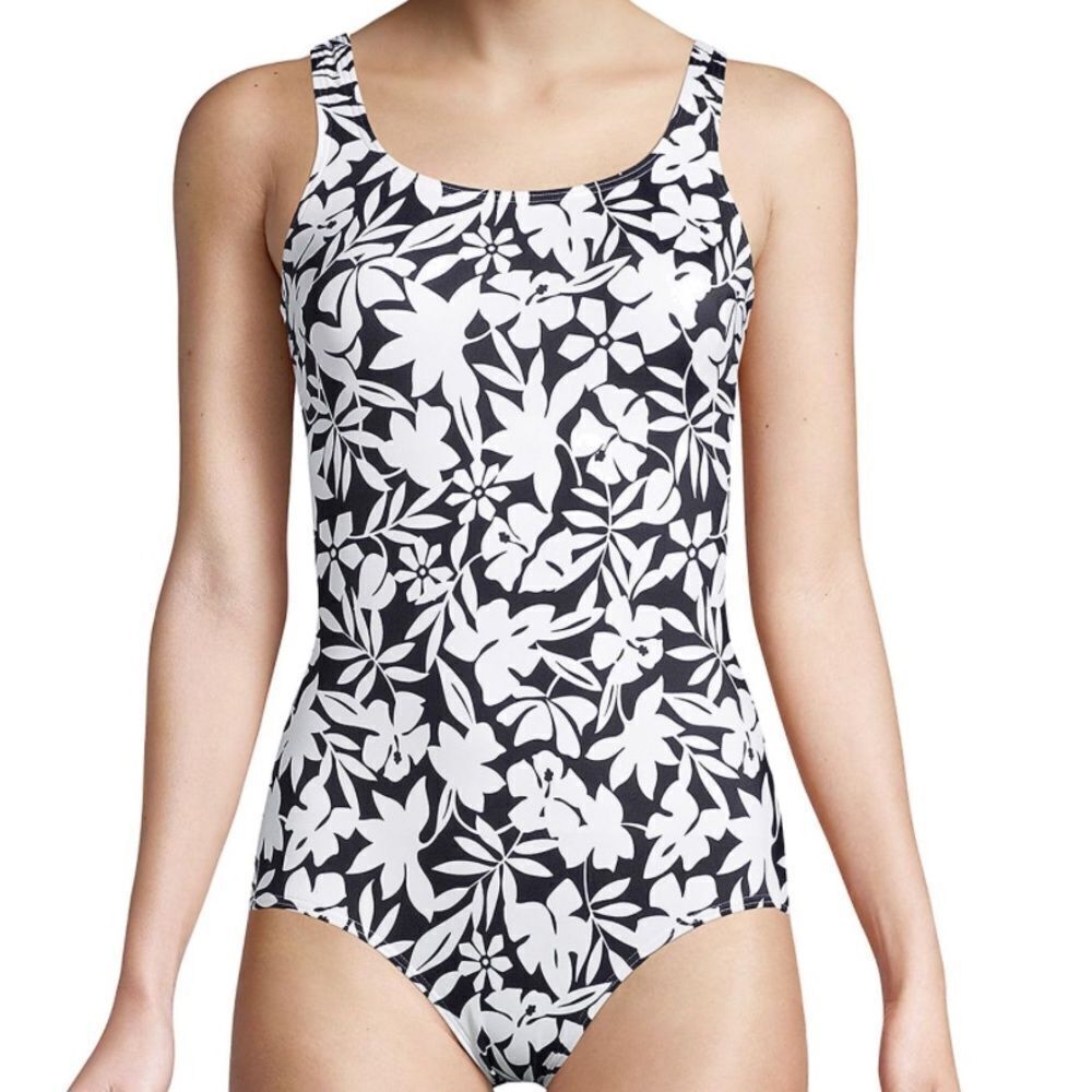 Lands' End Tank Soft Cup One Piece Swimsuit Black Havana Floral, size 4, NWT